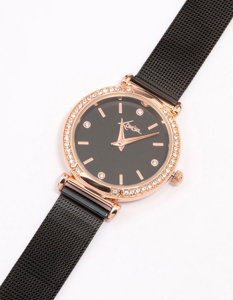 Rose Gold & Black Coloured Crystal Bezel Mesh Watch