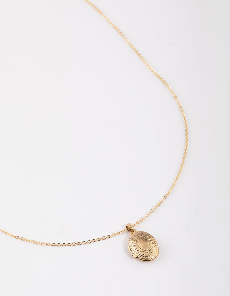 Antique Gold Etched Locket Pendant Necklace