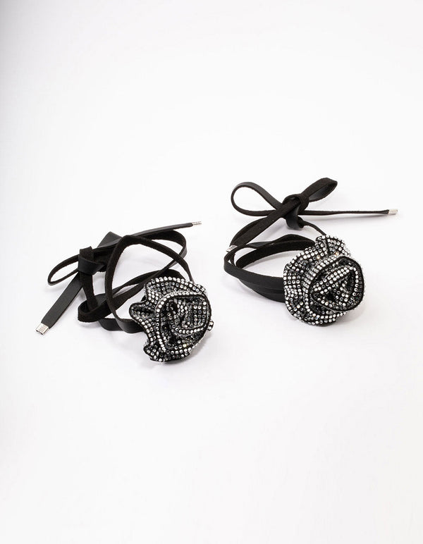 Black Fabric Rose Diamante Choker, Bracelet or Anklet Set