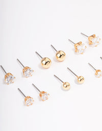 Gold Cubic Zirconia & Ball Stud Earrings 6-Pack - link has visual effect only
