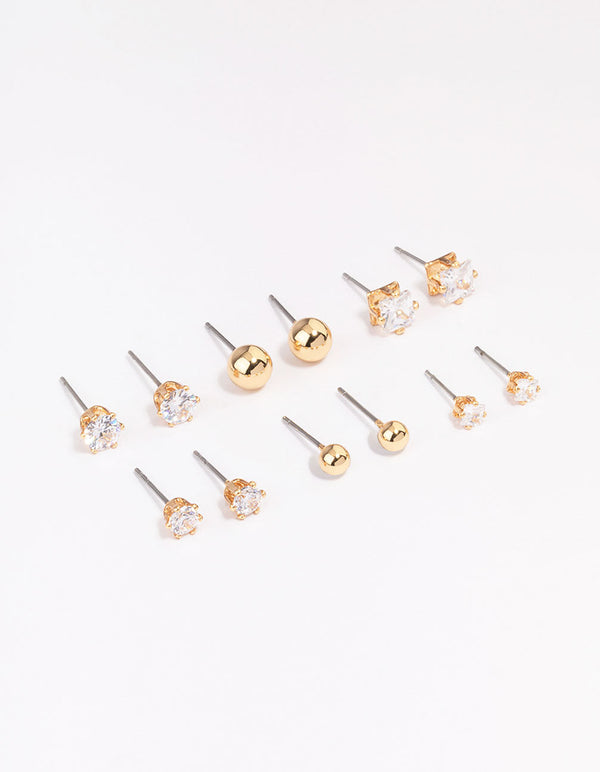 Gold Cubic Zirconia & Ball Stud Earrings 6-Pack
