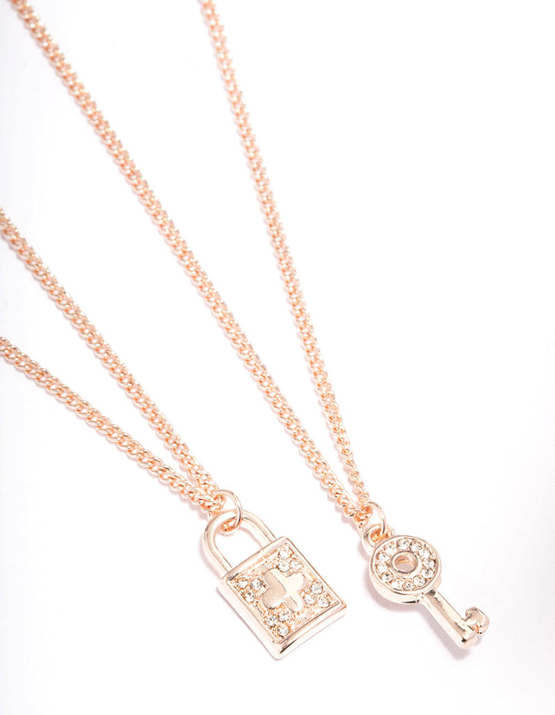 Rose Gold Diamante Lock & Key Necklace Pack