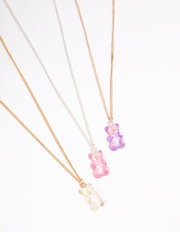Pastel Holographic Teddy Bear Necklace 3-Pack