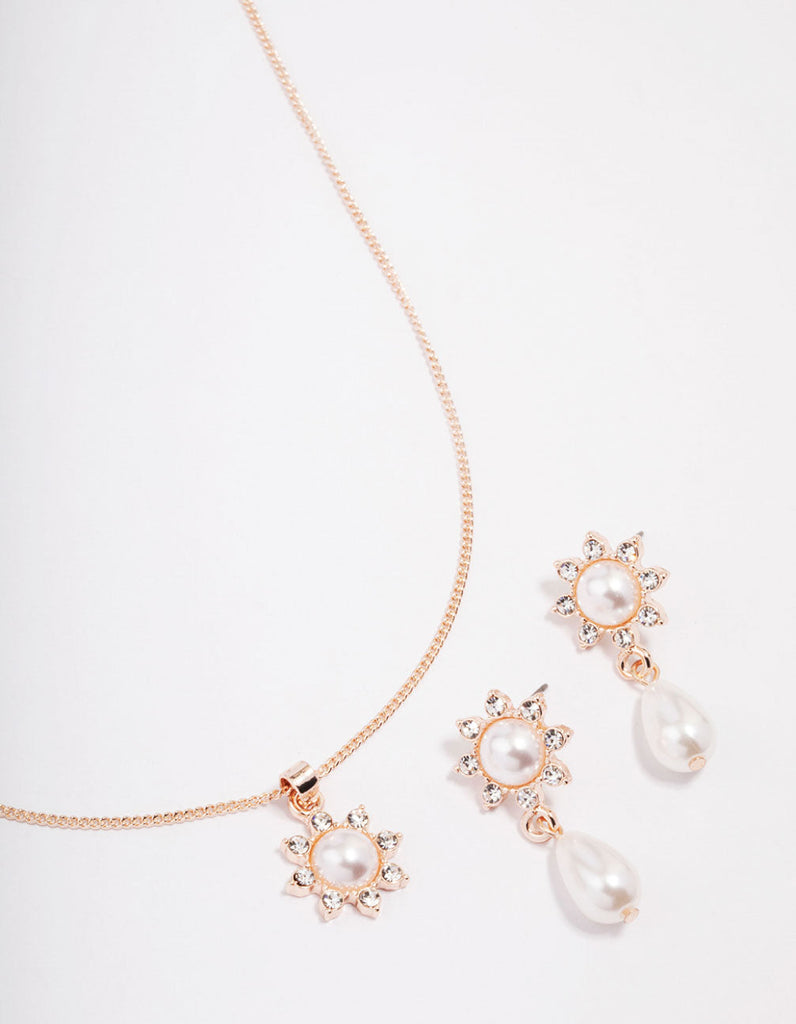 Rose Gold Pearl Flower Drop Jewellery Set