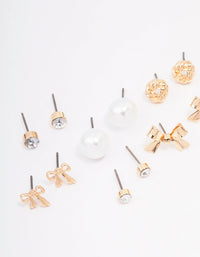 Gold Bow Pearl & Heart Earring 12-Pack - link has visual effect only