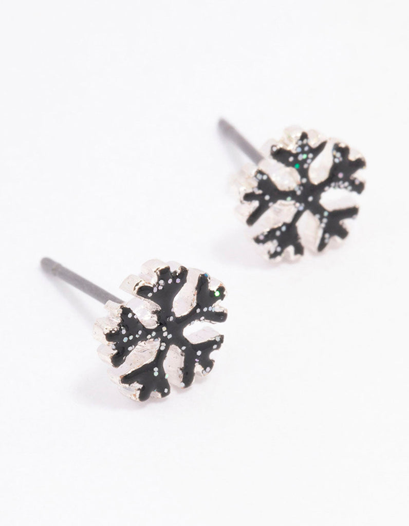 Silver Glitter Snowflake Diamante Stud Earrings