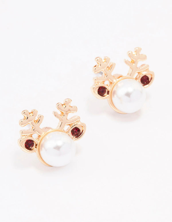 Gold Pearl Reindeer Stud Earrings