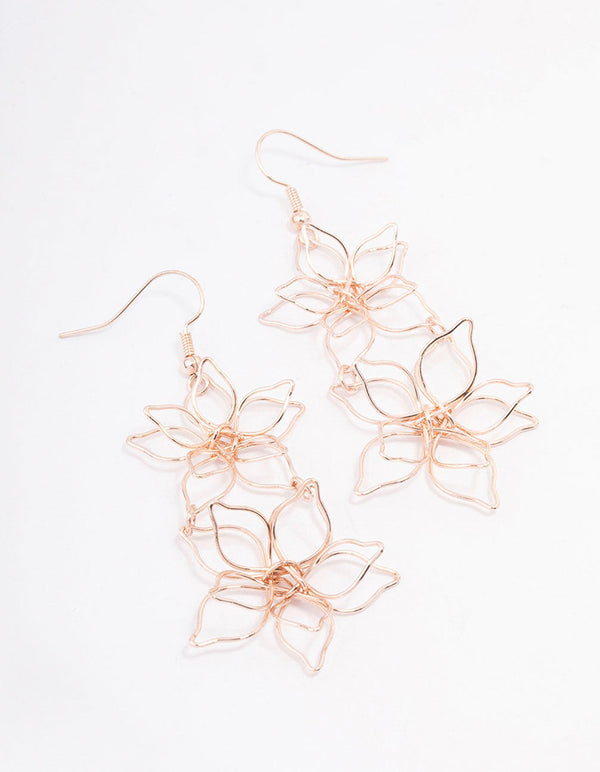 Rose Gold Double Wire Flower Drop Earrings