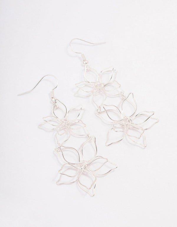 Silver Double Wire Flower Drop Earrings