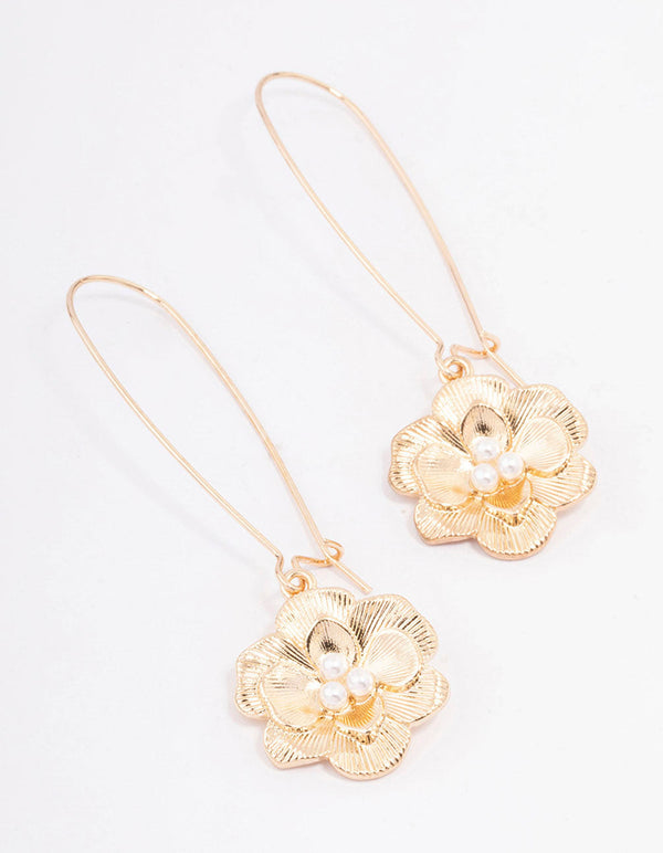 Gold Long Hoop Pearl Flower Drop Earrings