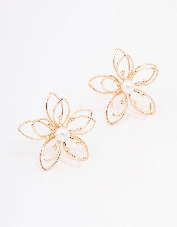 Gold Wire Pearl Flower Stud Earrings