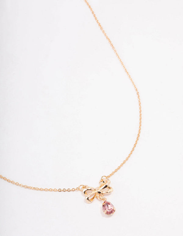 Pink Diamante Drop Bow Necklace