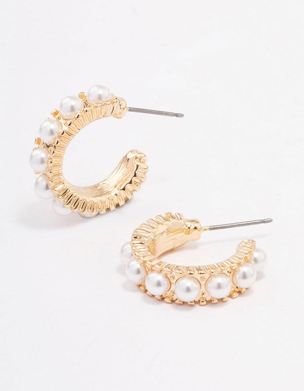 Gold Encased Pearl Hoop Earrings