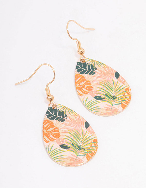 Gold Pear Leaf Print Drop Earrings