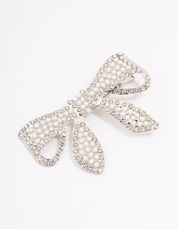 Rhodium Diamante & Pearl Bow Hair Clip