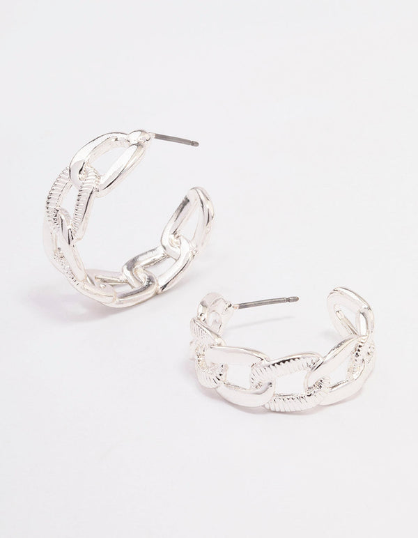 Silver Textured Link Hoop Earrings