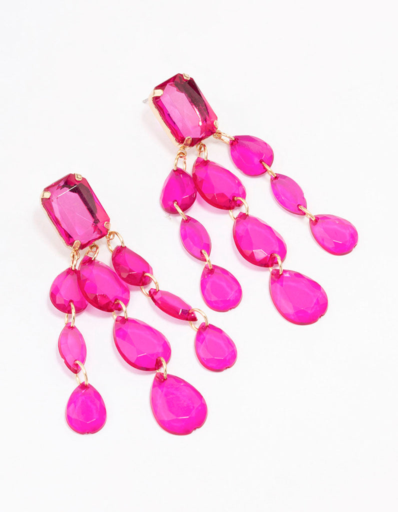 Pink Diamante Triple Row Drop Earrings