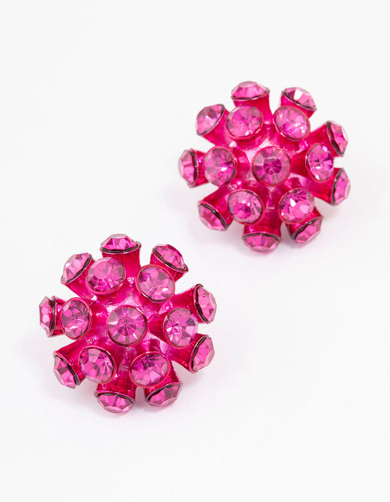Pink Diamante Flower Stud Earrings