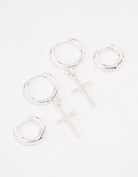 Silver Plated Cross Huggie Earring Pack - link has visual effect only