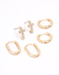 Gold Plated Cross Oval Huggie Earring 3-Pack - link has visual effect only