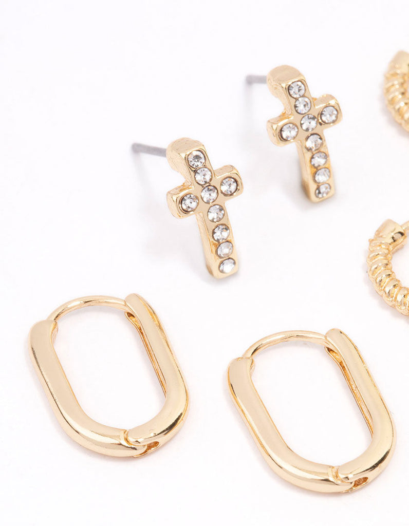 Gold Plated Cross Oval Huggie Earring 3-Pack