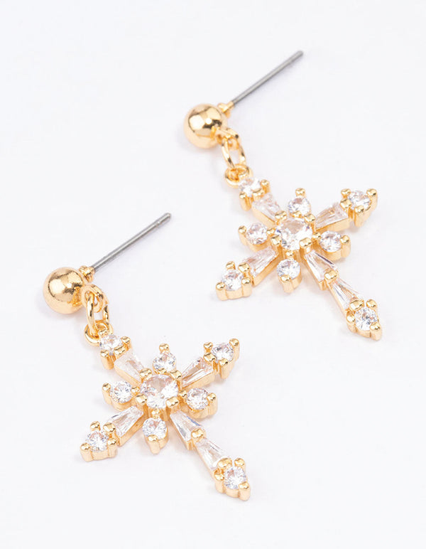 Gold Plated Cubic Zirconia Ornate Cross Drop Earrings