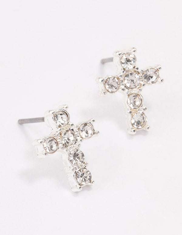 Silver Plated Diamante Cross Stud Earrings - Lovisa