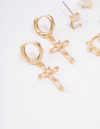 Gold Plated Cubic Zirconia Baguette Cross Earrings 3-Pack - link has visual effect only