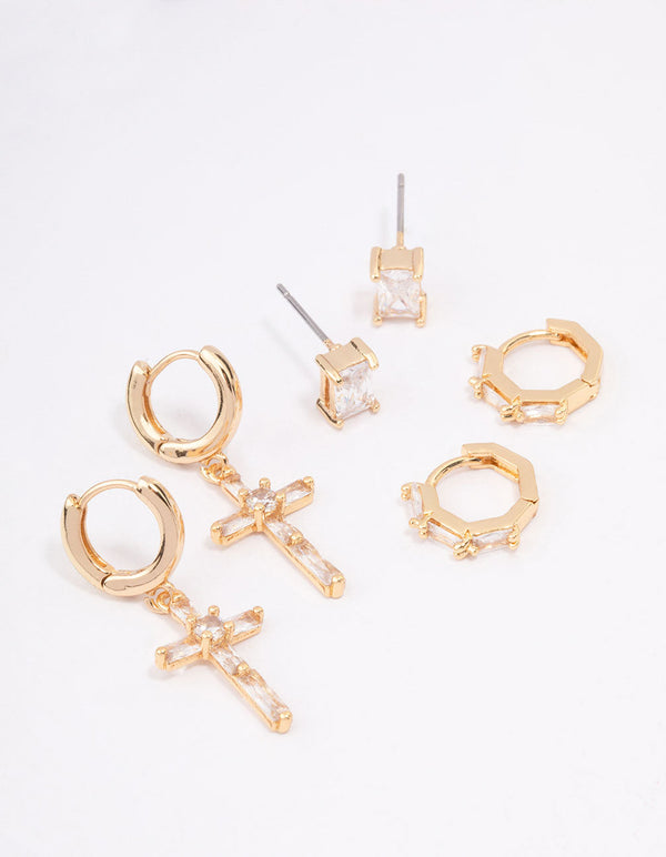 Gold Plated Cubic Zirconia Baguette Cross Earrings 3-Pack