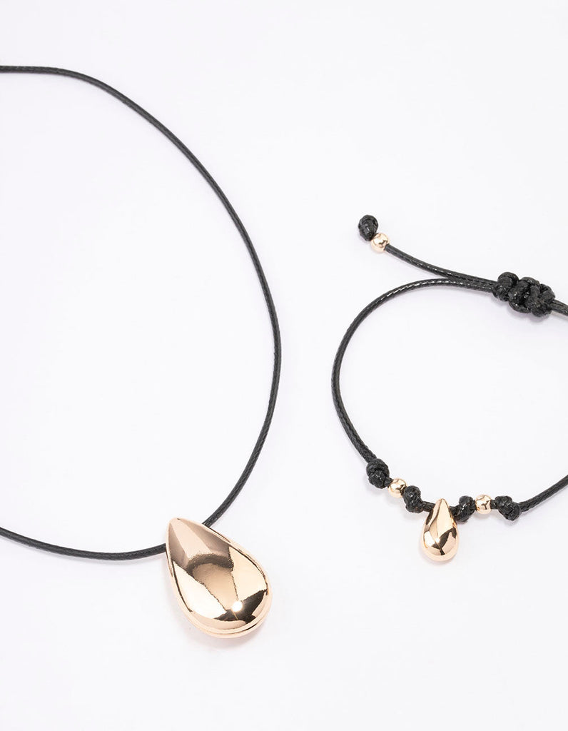 Gold Cord Teardrop Necklace & Bracelet Jewellery Set