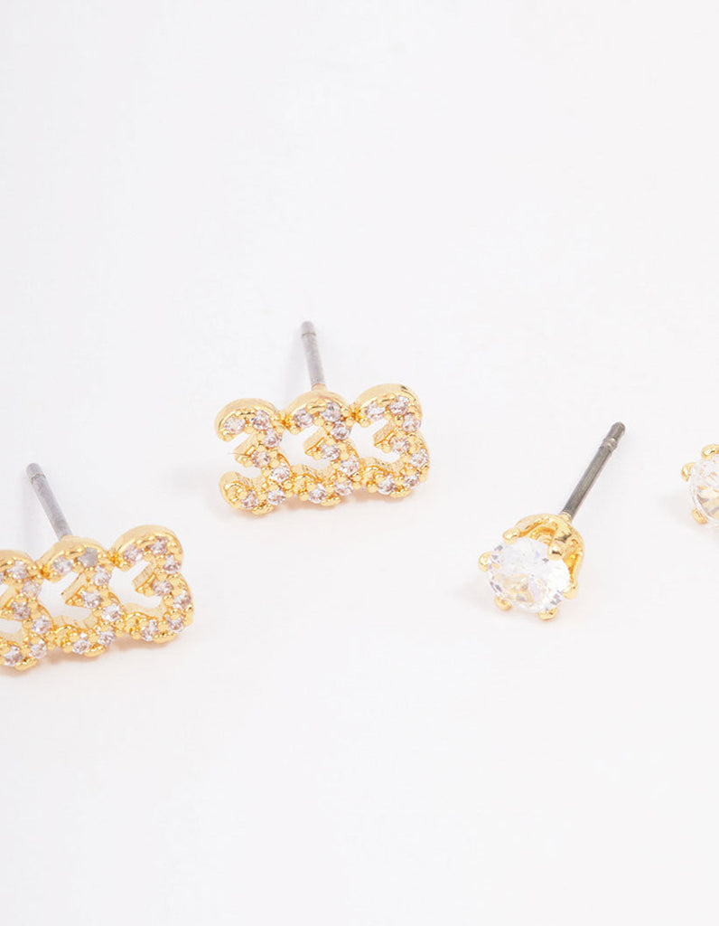 Gold Plated Cubic Zirconia Angel Number Stud Earring Pack