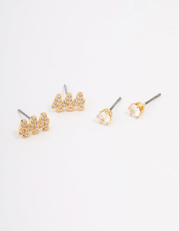 Gold Plated Cubic Zirconia Angel Number 444 Stud Earring Pack