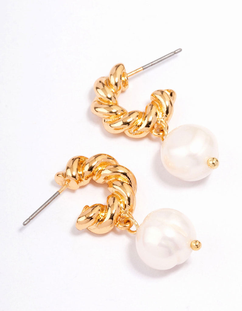 Gold Plated Textured Freshwater Pearl Hoop Earrings