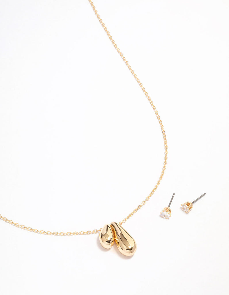 Gold Plated Double Drop Pendant Necklace & Earrings Set