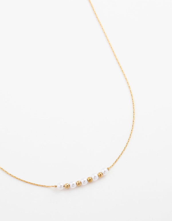Gold Plated Stainless Steel Dainty Pearl & Ball Necklace