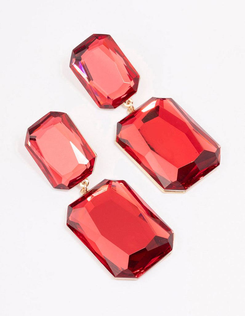 Red Statement Square Stone Drop Earrings