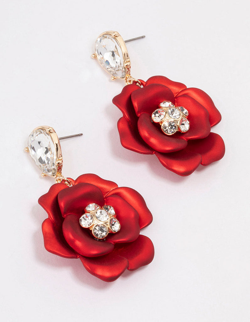 Red Iridescent Flower Stone Drop Earrings