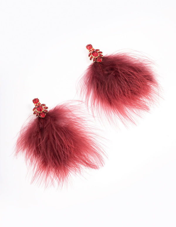 Red Stone Feather Drop Earrings