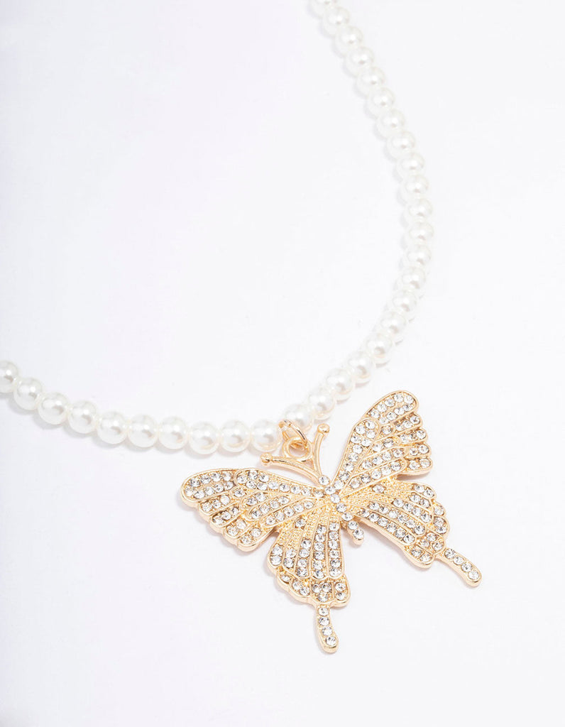 Gold Pearl & Butterfly Diamante Pendant Necklace