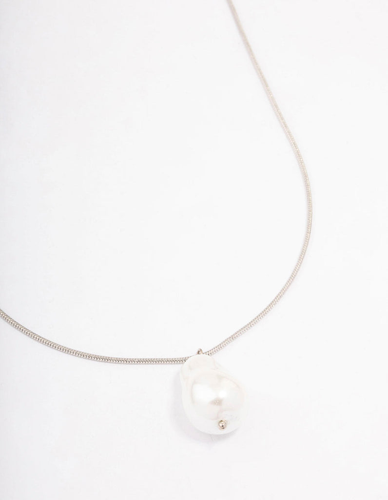 Rhodium Snake Chain Pearl Pendant Necklace