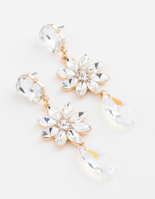 Gold Flower Pear Drop Earrings