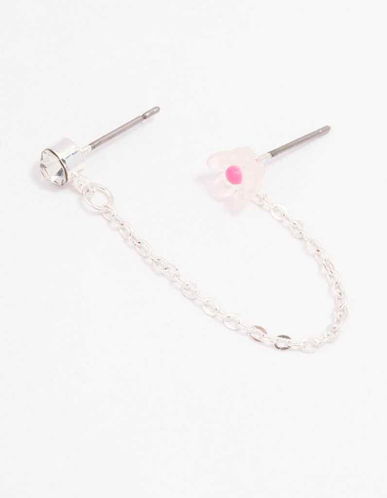 Pink Flower Diamante Stud Chain Earrings