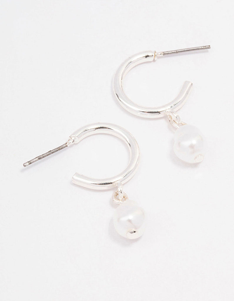 Silver Pearl Drop Huggie Earrings