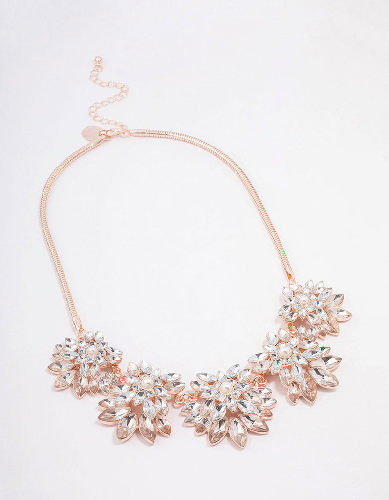 Rose Gold Marquise & Pearl Flower Statement Necklace