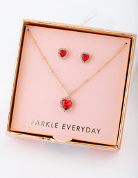 Gold Red Heart Necklace Earrings Gift Box - link has visual effect only