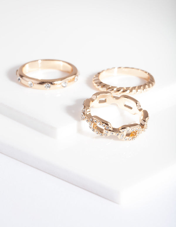 Gold Diamante Chain Ring Pack